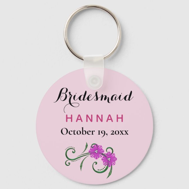 Bridesmaid Modern Typography Pink Flowers Wedding Key Ring (Front)