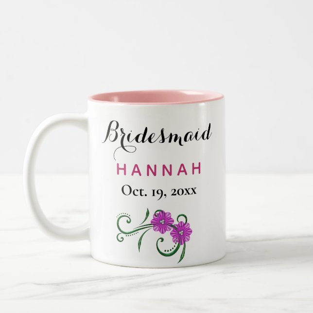 Bridesmaid Modern Typography Pink Flowers Wedding Two-Tone Coffee Mug (Left)