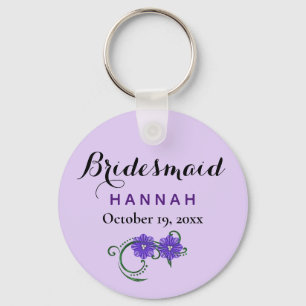 Bridesmaid Modern Typography Purple Floral Wedding Key Ring