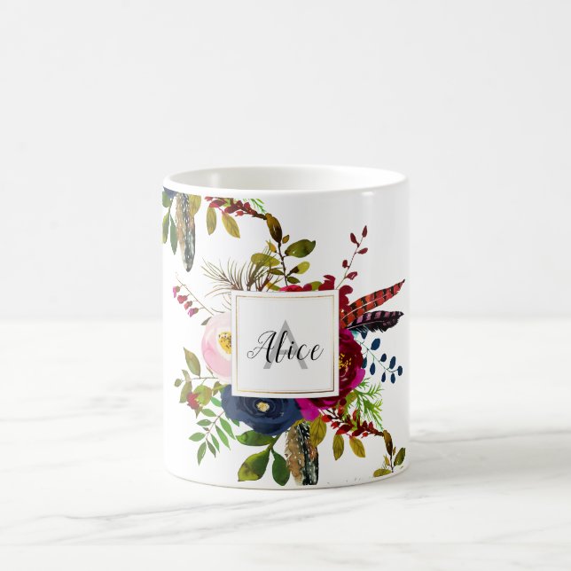 Bridesmaid Monogram Watercolor Boho Burgundy Blue Coffee Mug (Center)