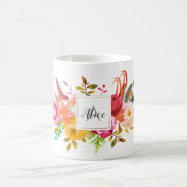 Bridesmaid Monogram Watercolor Boho Pink Flowers Coffee Mug (Center)