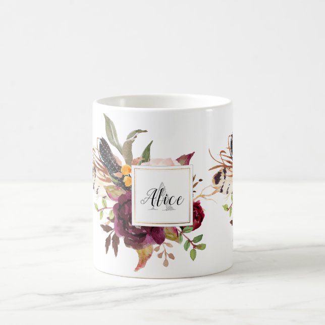 Bridesmaid Monogram Watercolor Flowers Marsala Coffee Mug (Center)