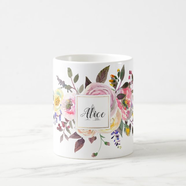 Bridesmaid Monogram Watercolor Flowers Pastel Rose Coffee Mug (Center)