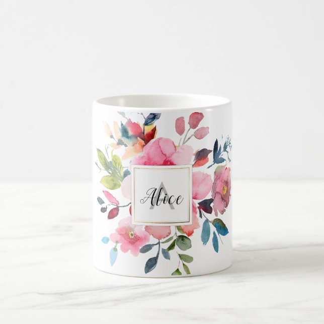 Bridesmaid Monogram Watercolor Spring Flowers Coffee Mug (Center)