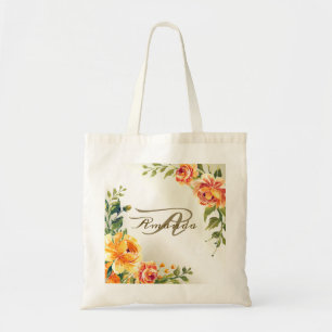 Bridesmaid Monogram Wedding Party Orange Floral Tote Bag