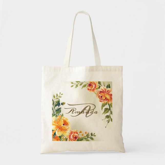 Bridesmaid Monogram Wedding Party Orange Floral Tote Bag (Front)