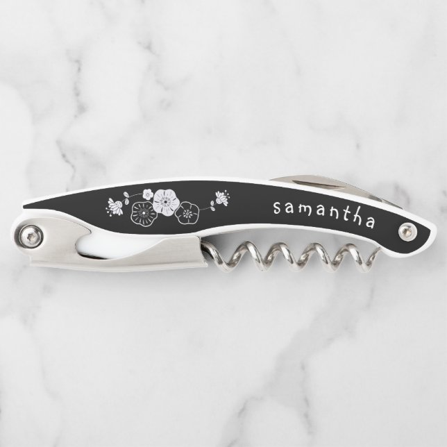 Bridesmaid Name Date Artsy Floral Black Corkscrew (Front)