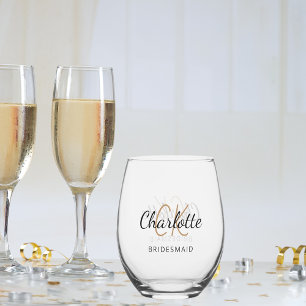Bridesmaid name script minimalist stemless wine glass