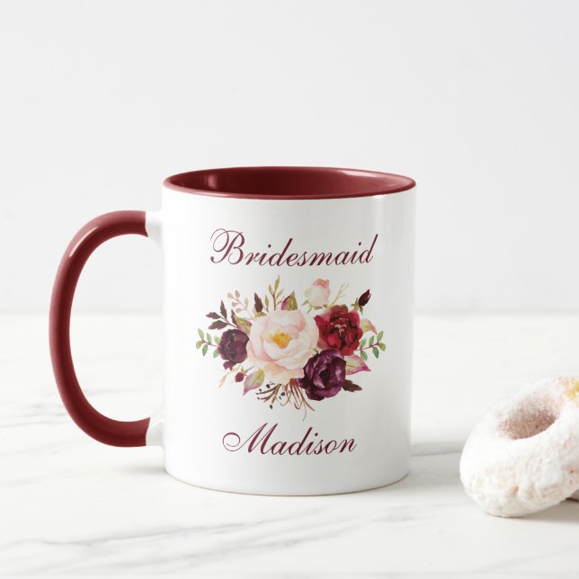 Bridesmaid Name Watercolor Burgundy Floral Mug (With Donut)