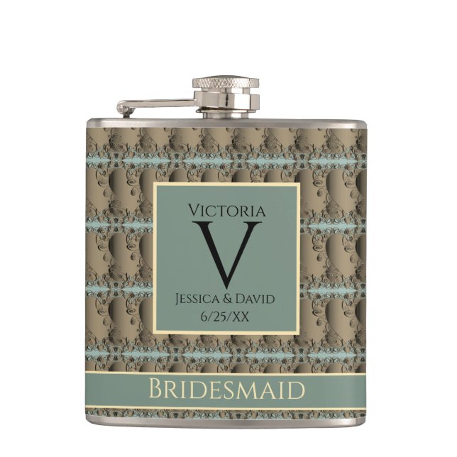 Bridesmaid Old Gold&Teal Golden Wedding Hip Flask (Front)