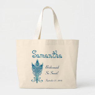 BRIDESMAID or ANY Wedding Role PEACOCK FEATHERS V7 Large Tote Bag