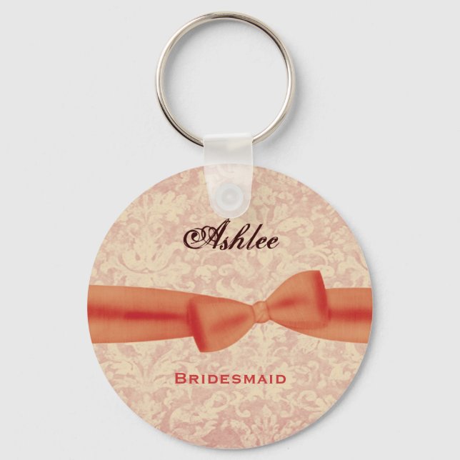Bridesmaid Orange Bow Ecru Damask E009 Key Ring (Front)