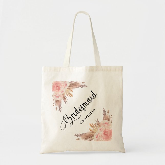 Bridesmaid Pampas grass rose gold floral wedding Tote Bag (Front)