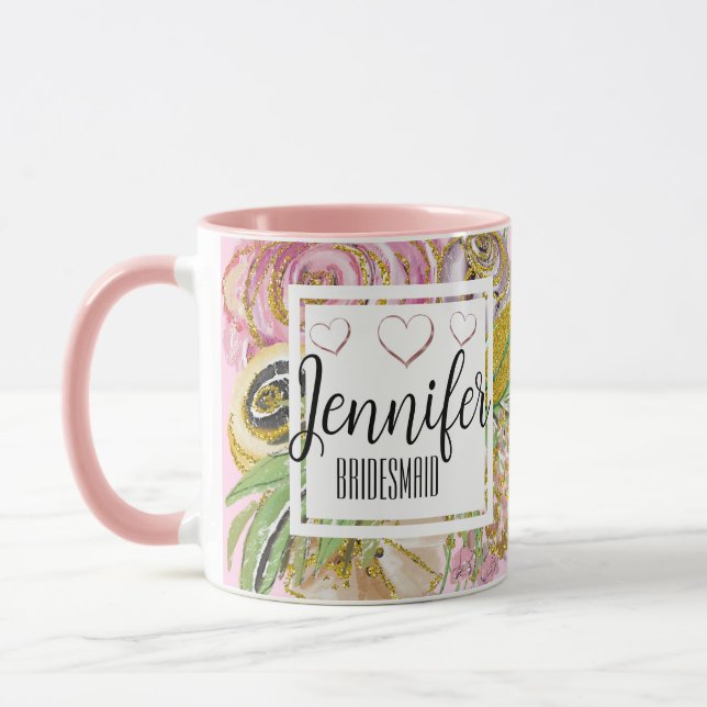 Bridesmaid Personalied Rose Gold Chic Floral Mug (Left)