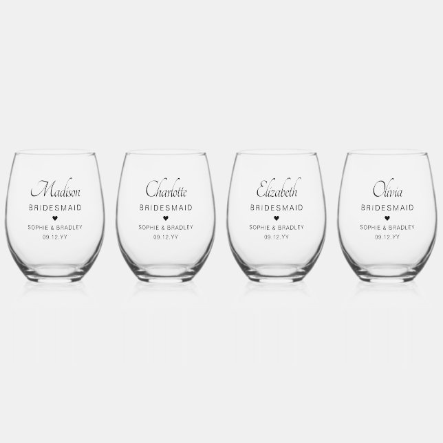 Bridesmaid Personalised Name Wedding Party Stemless Wine Glass (Front)