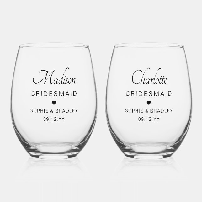 Bridesmaid Personalised Name Wedding Party Stemless Wine Glass (Front)