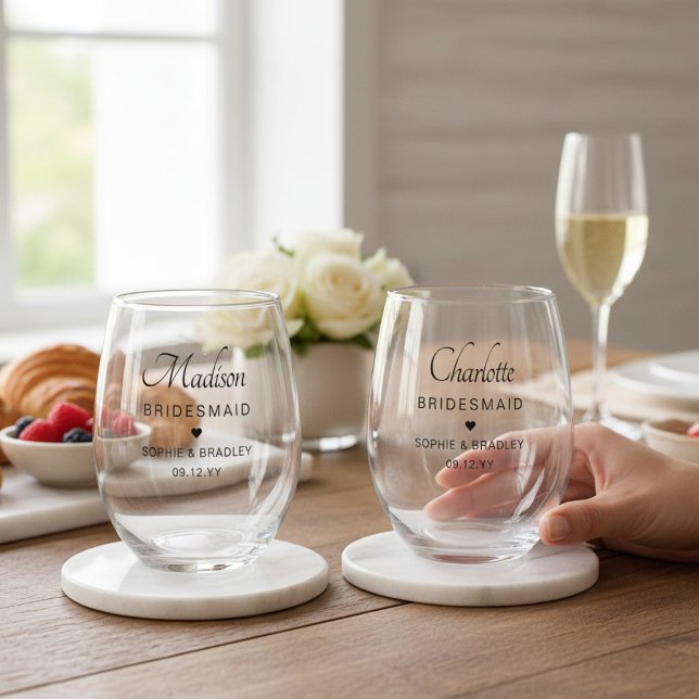 Bridesmaid Personalised Name Wedding Party Stemless Wine Glass (Creator Uploaded)