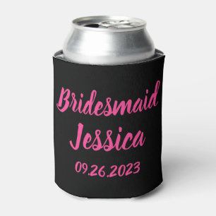 Bridesmaid Pink Black Elegant Script Gift Weddings Can Cooler