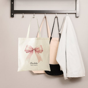 Bridesmaid pink bow elegant name tote bag