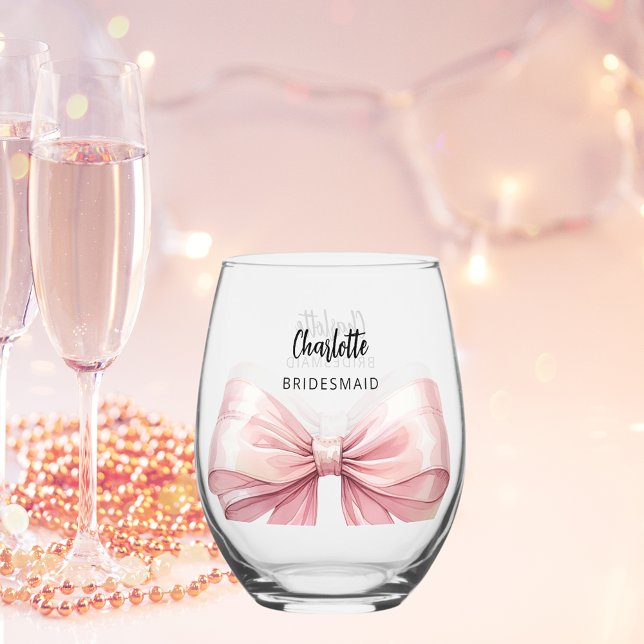 Bridesmaid pink bow stemless wine glass (Creator Uploaded)