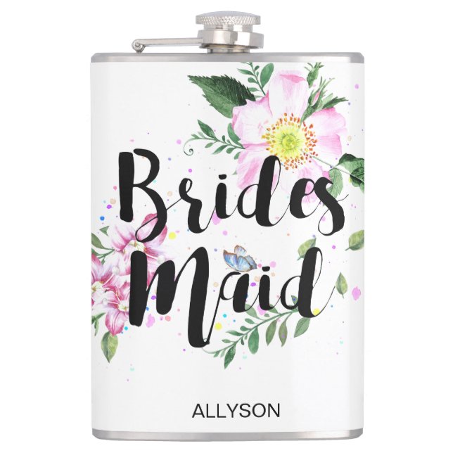 Bridesmaid Pink  Floral Watercolor Bridal Shower Hip Flask (Front)