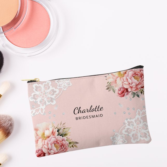 Bridesmaid pink florals lace accessory pouch (Creator Uploaded)