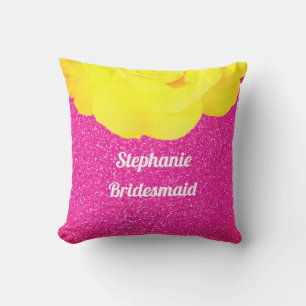 Bridesmaid Pink Glitter Wedding Floral Yellow Rose Cushion