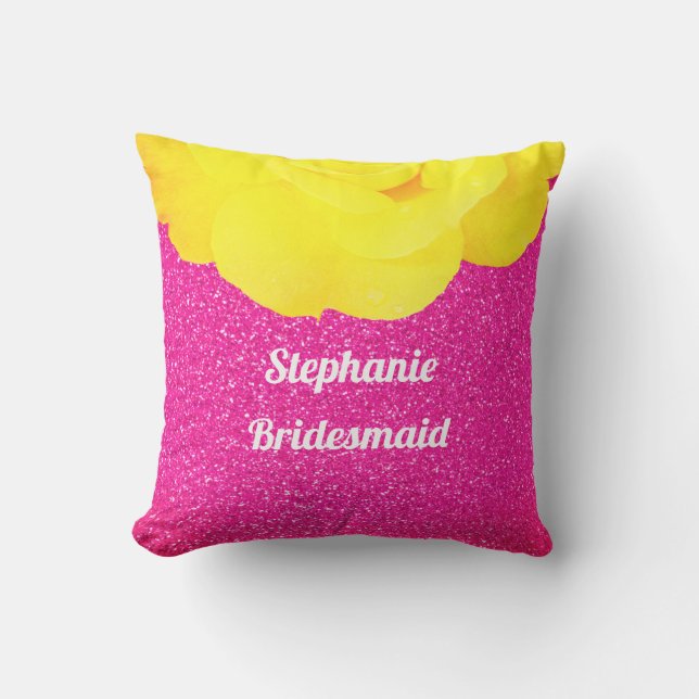 Bridesmaid Pink Glitter Wedding Floral Yellow Rose Cushion (Front)
