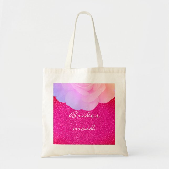 Bridesmaid Pink Glittery Rose Gold Wedding Floral Tote Bag (Front)