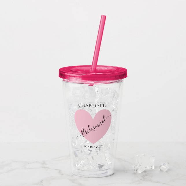 Bridesmaid Pink Heart Bridal Party Personalised Acrylic Tumbler (Back Ice)