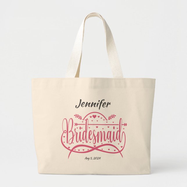 Bridesmaid pink hearts personalised bridal party large tote bag (Front)