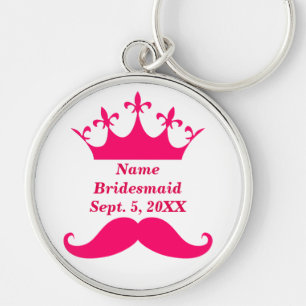 Bridesmaid Pink Moustache and Tiara Round Keychain