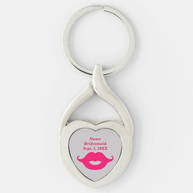 Bridesmaid Pink Moustache Twisted Heart Keychain (Front)