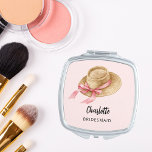 Bridesmaid pink strawhat compact mirror<br><div class="desc">A strawhat with a pink ribbon and bow. Personalise and add your bridesmaid's name.   Black handwritten style script.</div>