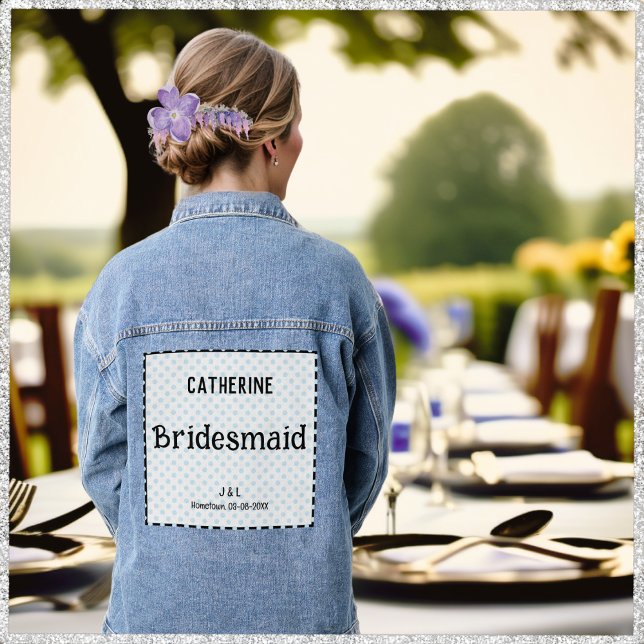 Bridesmaid Polka Dot Custom Bridal Party Wedding Denim Jacket (A personalized denim jacket for a bridesmaid, with light blue polka dots on a decorative panel)