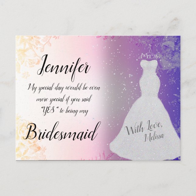 Bridesmaid Pretty Pink with Wedding Dress Postcard (Front)