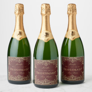 Bridesmaid Proposal Burgundy Gold  Elegant Vintage Sparkling Wine Label
