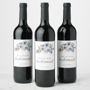 Bridesmaid Proposal Dusty Blue Floral Wedding Wine Label