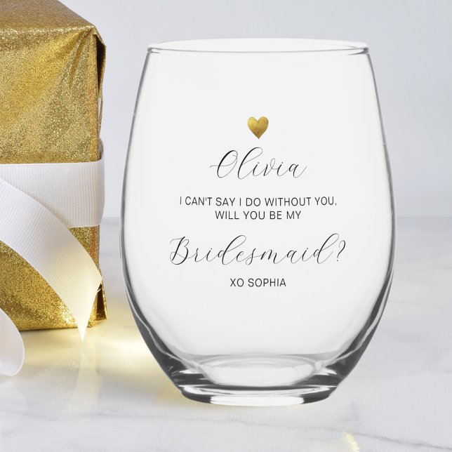 Bridesmaid Proposal, Gold Heart, Personalised Name Stemless Wine Glass (Creator Uploaded)