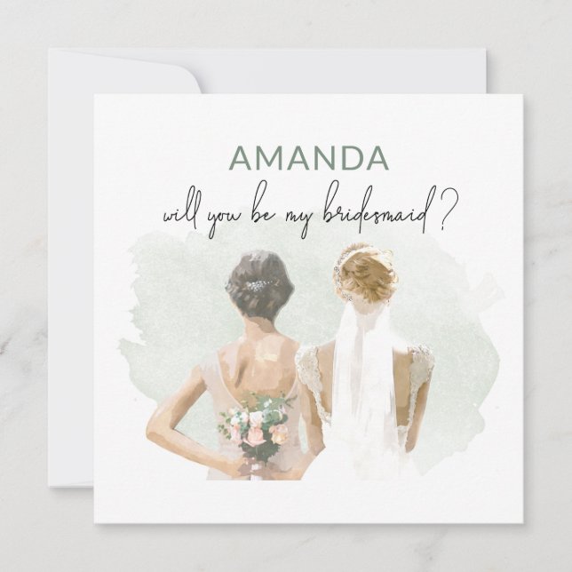 Bridesmaid Proposal Green Watercolor Card (Front)