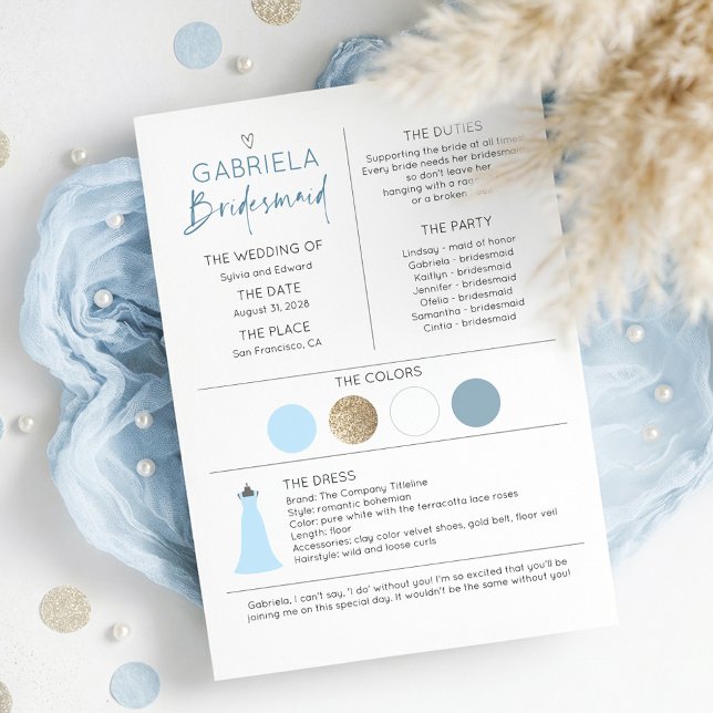 Bridesmaid Proposal & Information Dusty Blue (Dusty Blue Bridesmaid Proposal and Information Card with Wedding Colors Date and Duties)