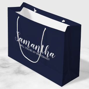 Bridesmaid Proposal   Modern Script Navy Blue Large Gift Bag