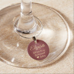 Bridesmaid Proposal Monogram Brushed Burgundy Gold Wine Charm<br><div class="desc">TO CHOOSE YOUR OWN BACKGROUND & TEXT COLORS, SEE INSTRUCTIONS BELOW. Get the celebration started in style with elegant burgundy and gold custom monogrammed wine glass charms. All text is simple to customise or delete, and can be different on each one. Quote that reads "Will you be my Bridesmaid /...</div>