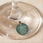 Bridesmaid Proposal Monogram Brushed Green & Gold Wine Charm<br><div class="desc">TO CHOOSE YOUR OWN BACKGROUND & TEXT COLORS, SEE INSTRUCTIONS BELOW. Get the celebration started in style with elegant green and gold custom monogrammed wine glass charms. All text is simple to customise or delete, and can be different on each one. Quote that reads "Will you be my Bridesmaid /...</div>