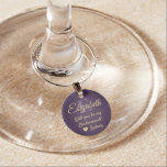 Bridesmaid Proposal Monogram Brushed Purple & Gold Wine Charm<br><div class="desc">TO CHOOSE YOUR OWN BACKGROUND & TEXT COLORS, SEE INSTRUCTIONS BELOW. Get the celebration started in style with elegant purple and gold custom monogrammed wine glass charms. All text is simple to customise or delete, and can be different on each one. Quote that reads "Will you be my Bridesmaid /...</div>