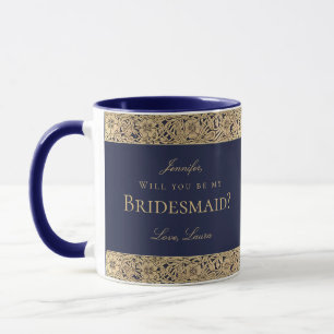 Bridesmaid Proposal Navy Blue Vintage  Gold Roses Mug