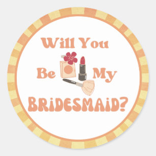 bridesmaid proposal retro orange script chic classic round sticker