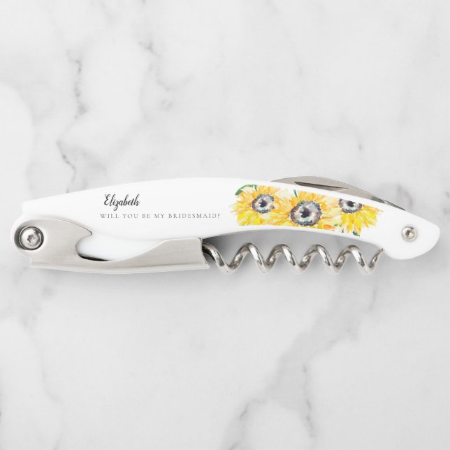 Bridesmaid Proposal Sunflower Floral Personalised  Corkscrew (Front)