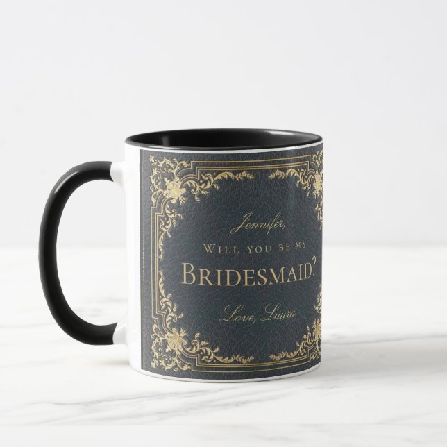 Bridesmaid Proposal Vintage Navy Blue Gold Elegant Mug (Left)