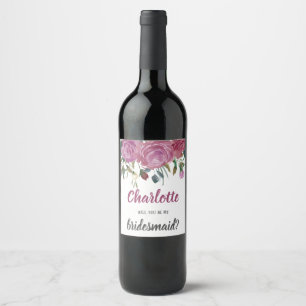 Bridesmaid proposal watercolor roses Wine label